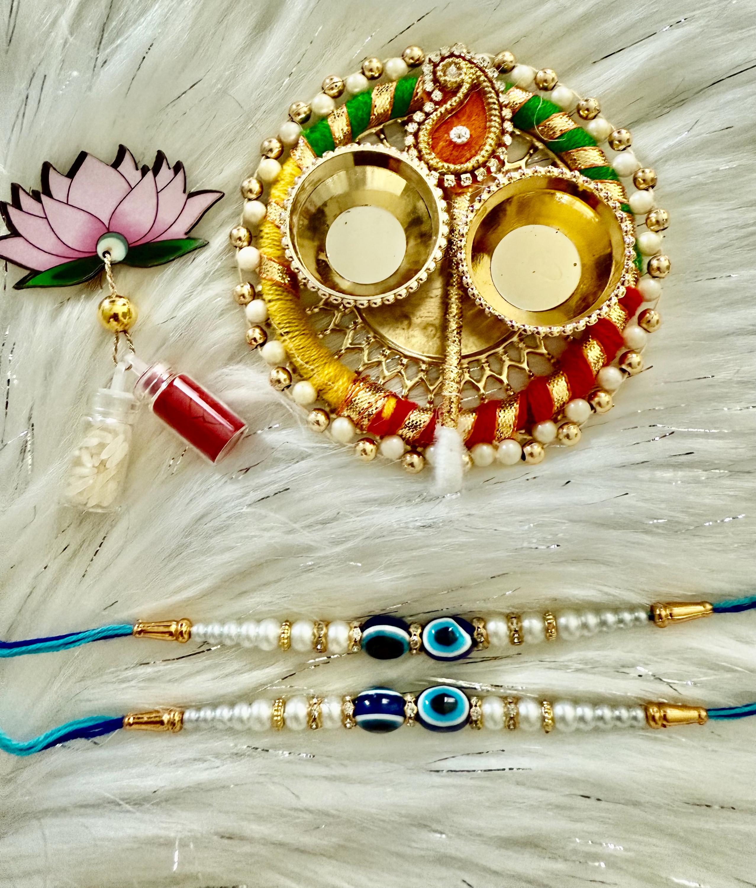 Handmade Rakhi Set: Evil Eye Rakhi, Haldi Kumkum Plate, Roli Chawal