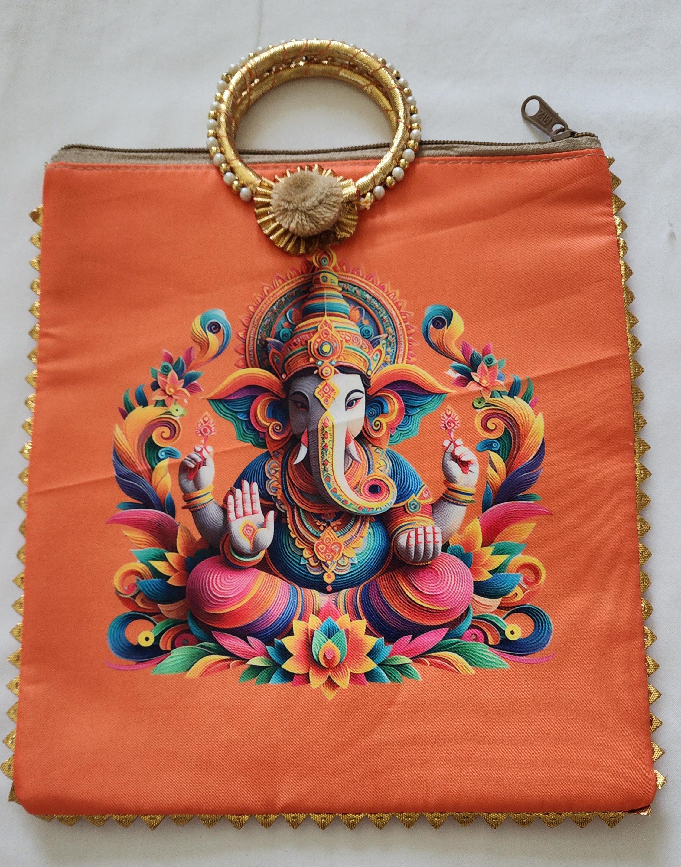 Ganesh Ji Print Silk Potli Bag: Multicolor Indian Wedding Favor