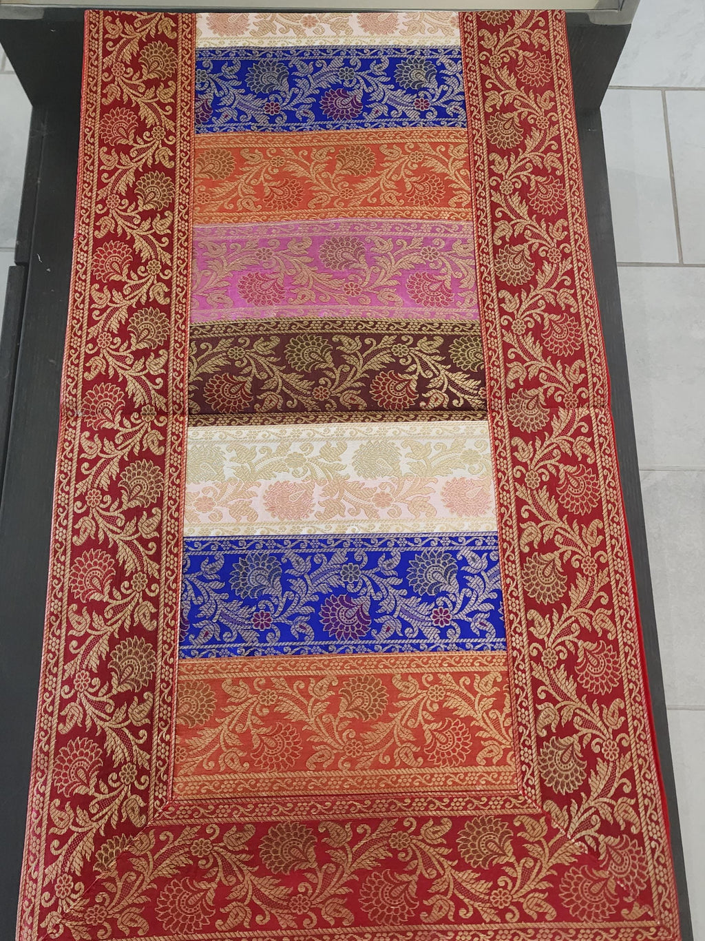 Peacock Print Silk Brocade Table Runner - Indian Decor (16x60 Inch)