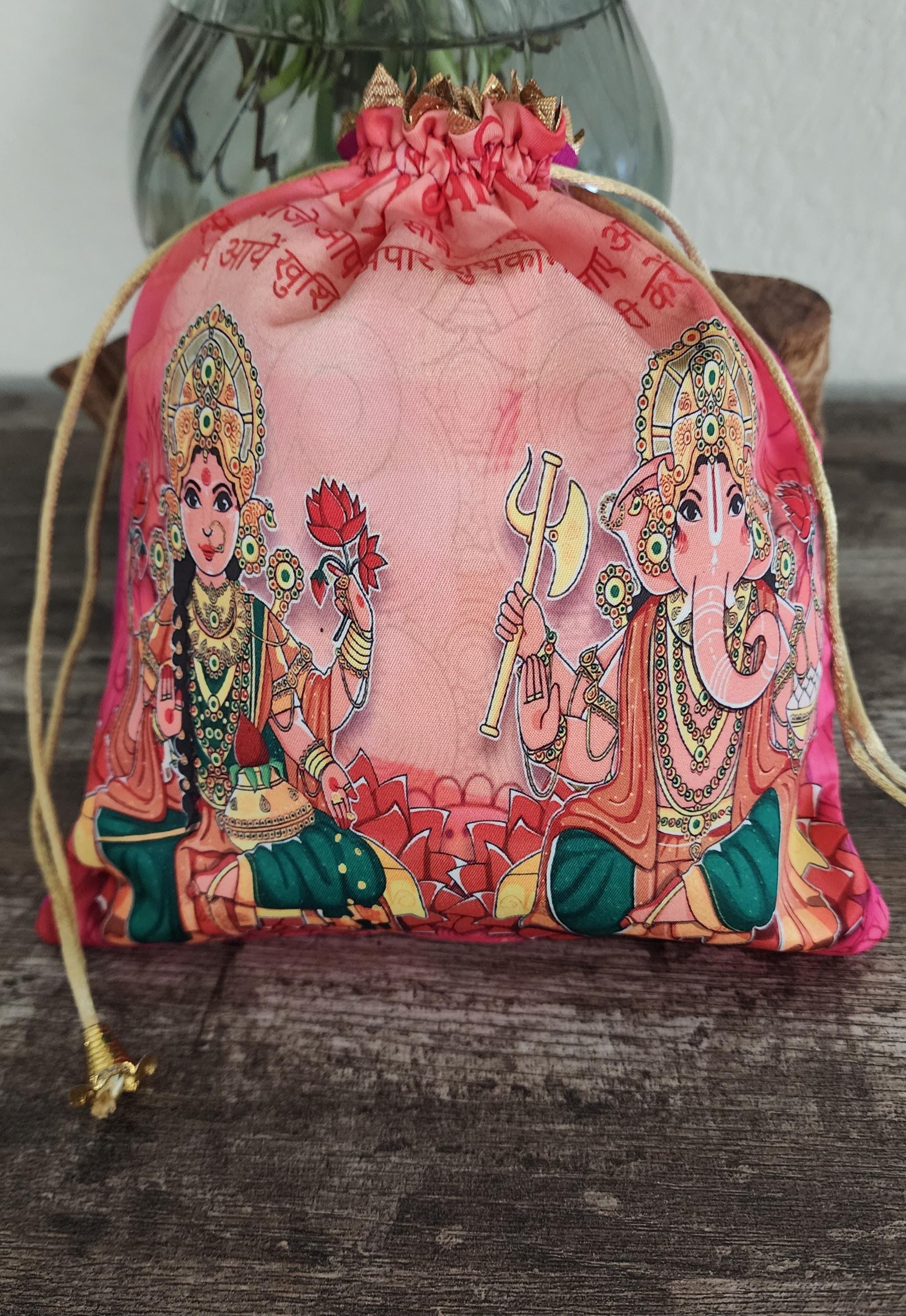 Silk Lakshmi Ganesh Printed Potli Bags: Diwali Return Gifts