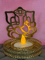 Gold Metal Shadow Diya Set: Ganesh & Lakshmi Indian Candle Holders