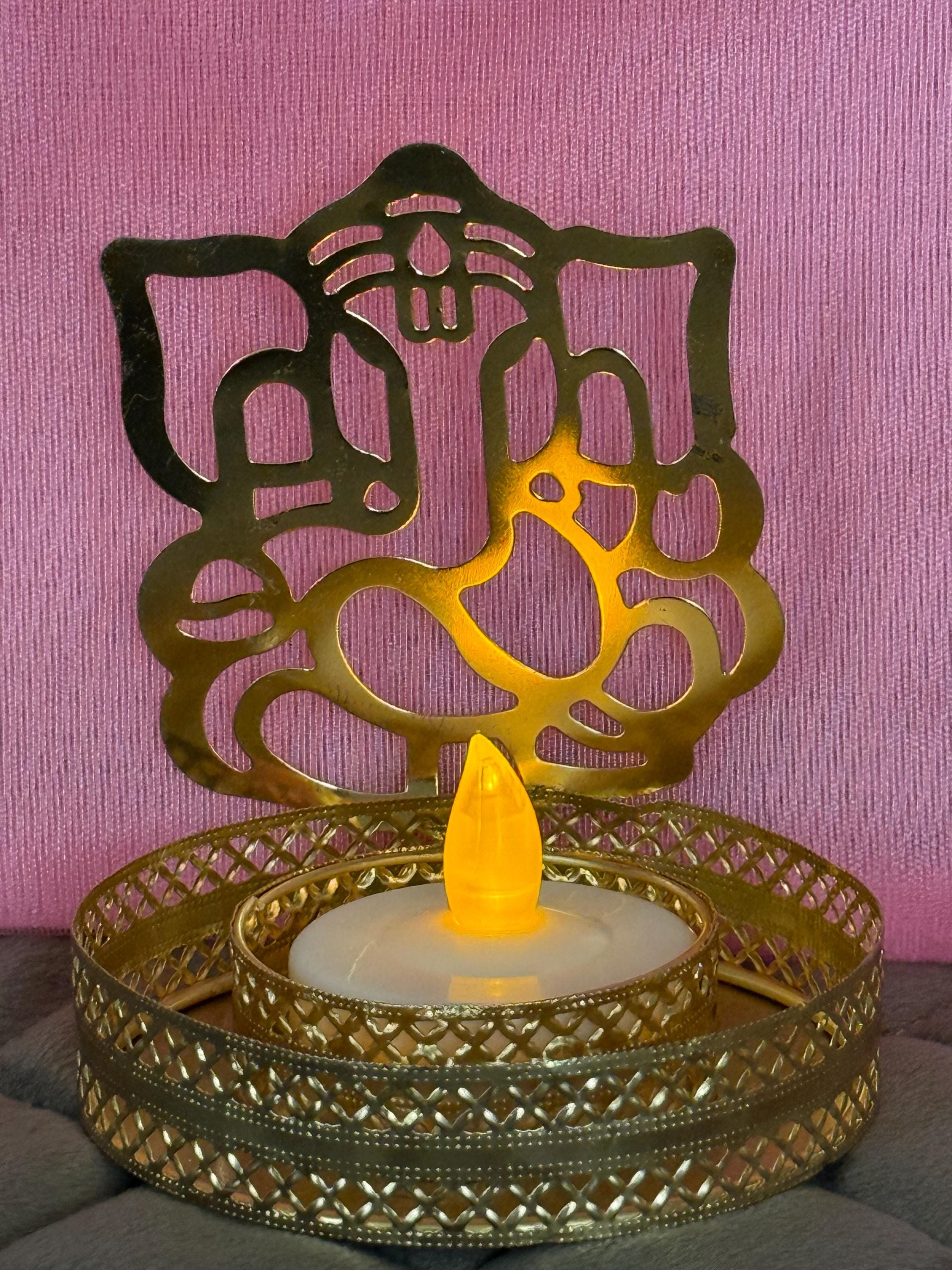 Gold Metal Shadow Diya Set: Ganesh & Lakshmi Indian Candle Holders
