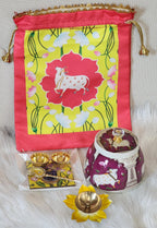 Pichwai Print Potli Bag Set: Pooja Decor, Wedding Favor - 4 Piece