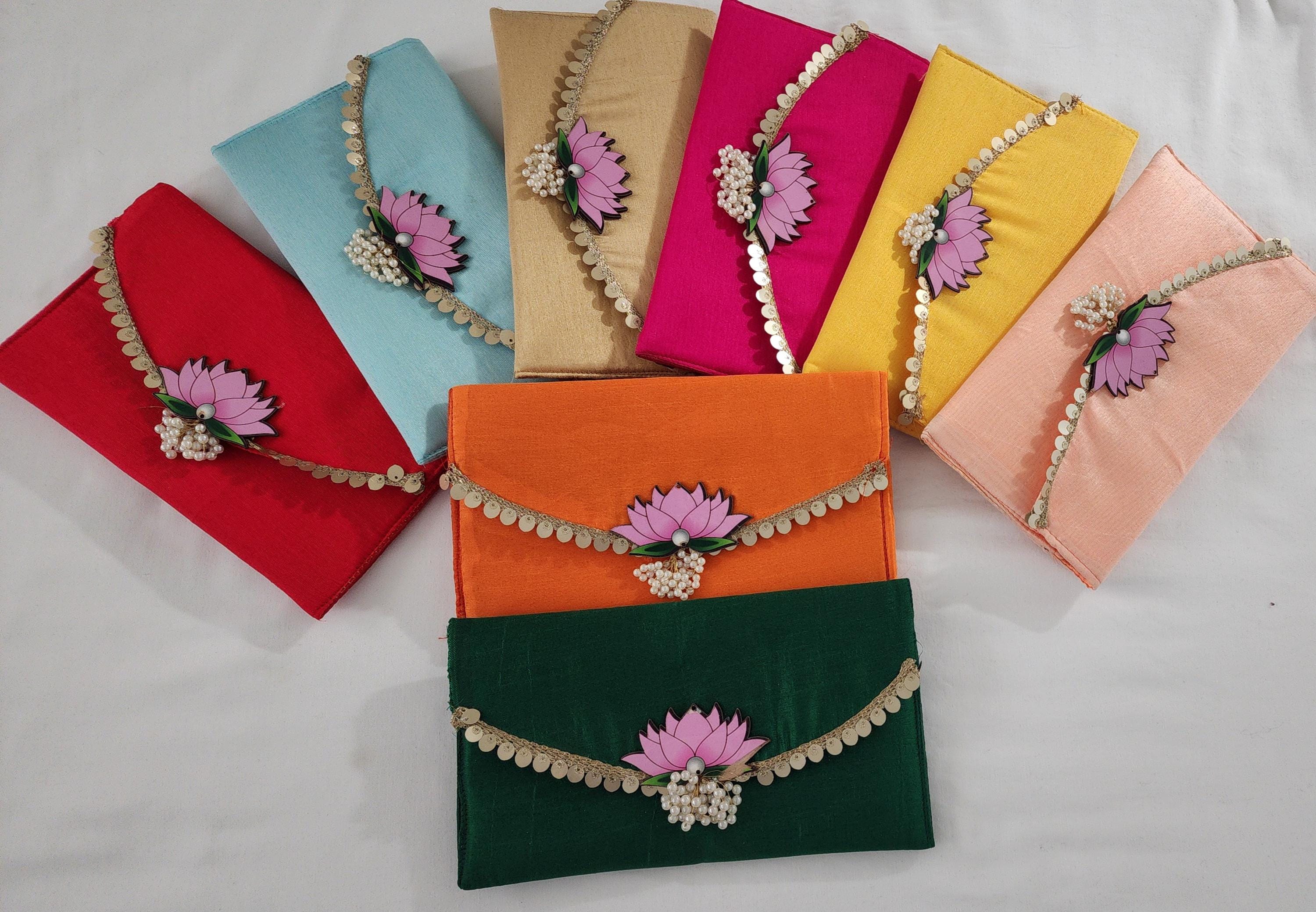 Handcrafted Clutch Purse: Indian Wedding Favor Bag with Lotus & Pearl