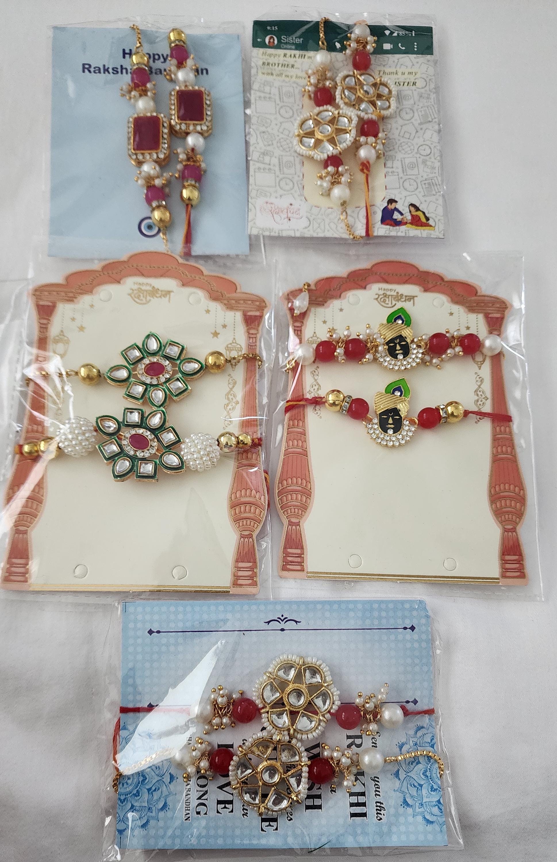 Handmade Kundan Rakhi Set: Pearl Chain Couple Rakhsha Bandhan