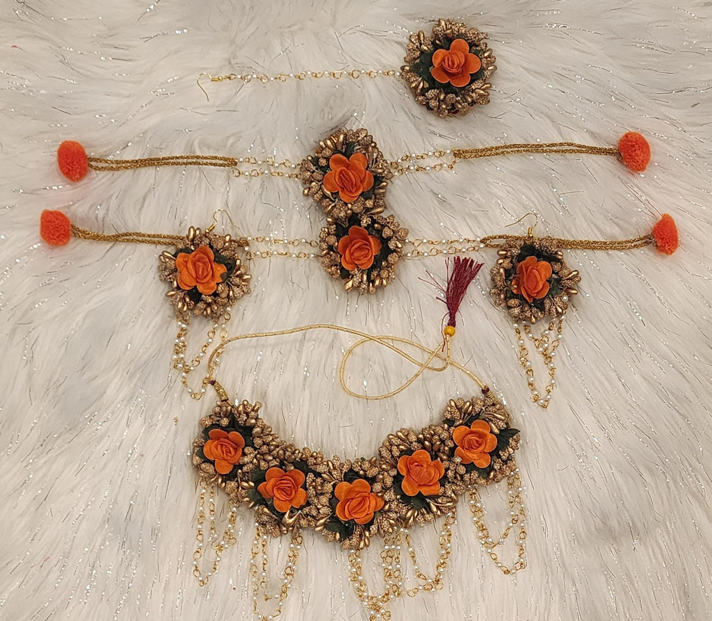 Floral Haldi Mehandi Jewelry Set, Indian Wedding, Sangeet.