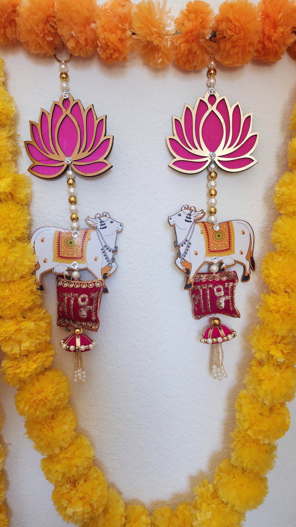Lotus & Pichwai Cow Shubh-Labh Hanging Pair: Indian Decor