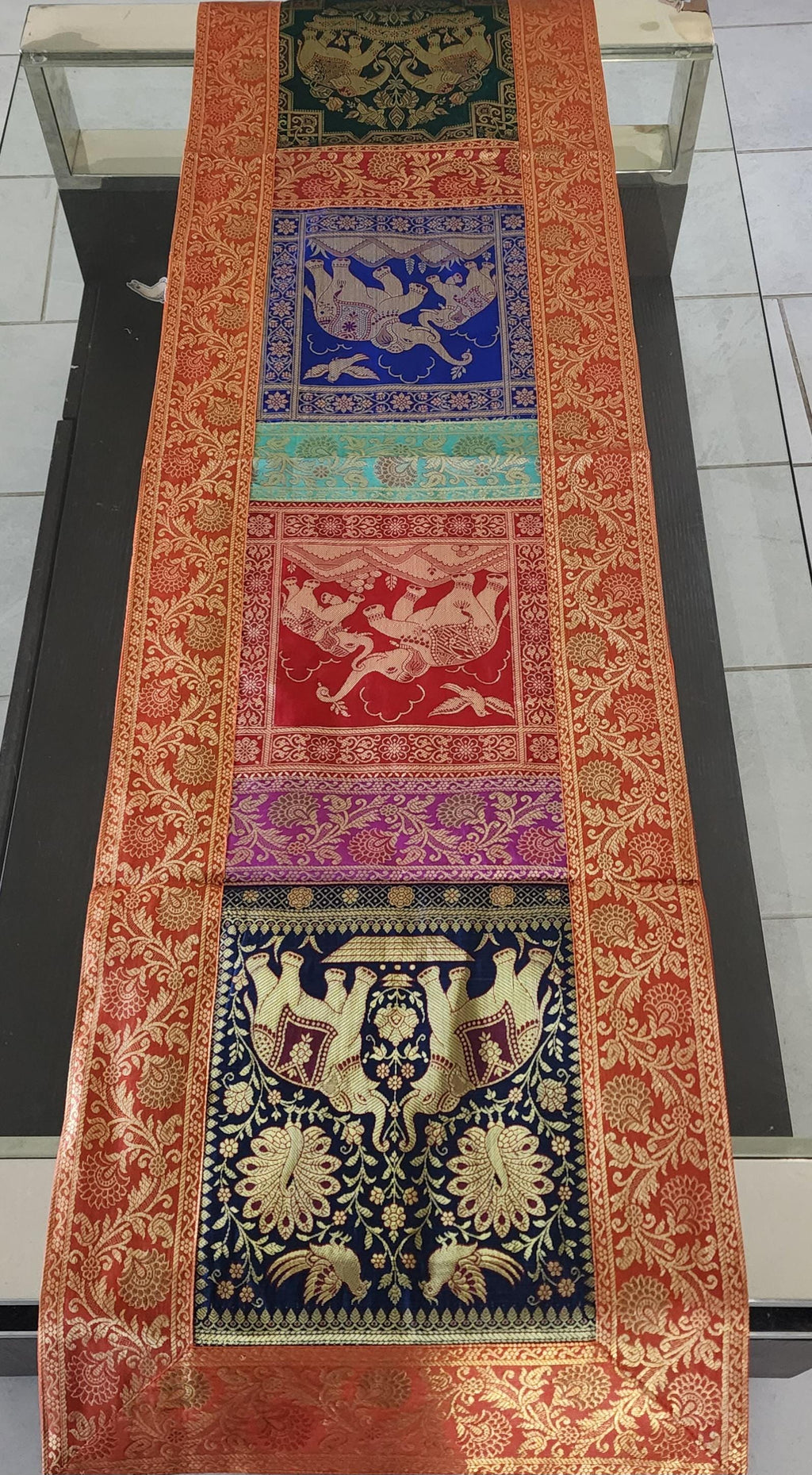 Elephant Print Silk Brocade Table Runner: Indian Decor (16X60 Inch)