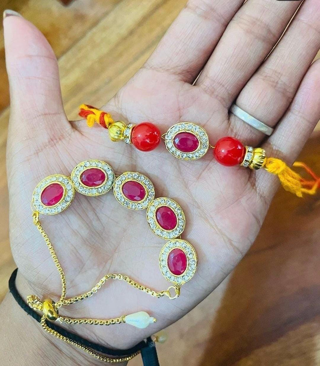 Handmade Kundan Rakhi Set: Pearl Chain Couple Rakhi with Roli Chawal