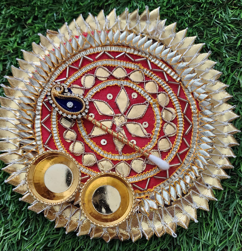 Handcrafted Haldi Kumkum Plate: Gotta Patti Work, Pooja Favor (6 inch)