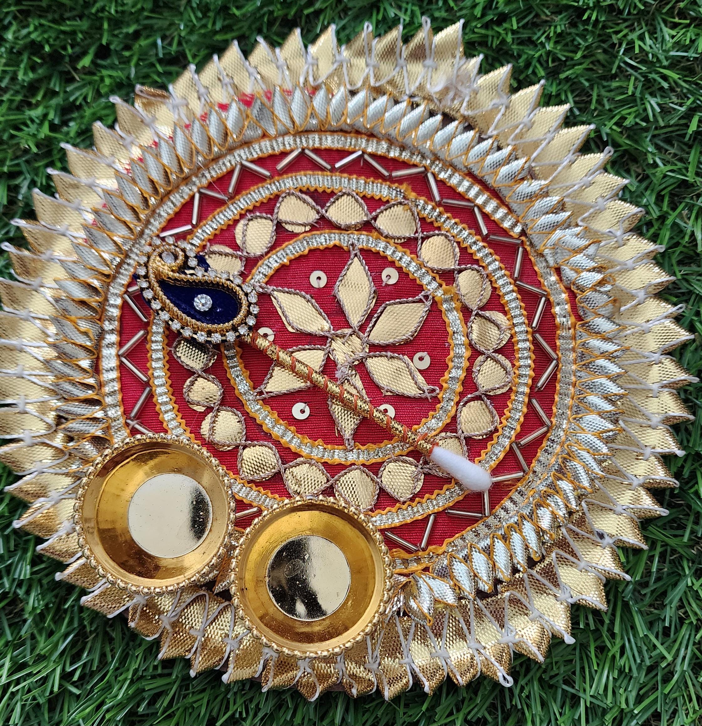 Handcrafted Haldi Kumkum Plate: Gotta Patti Work, Pooja Favor (6 inch)