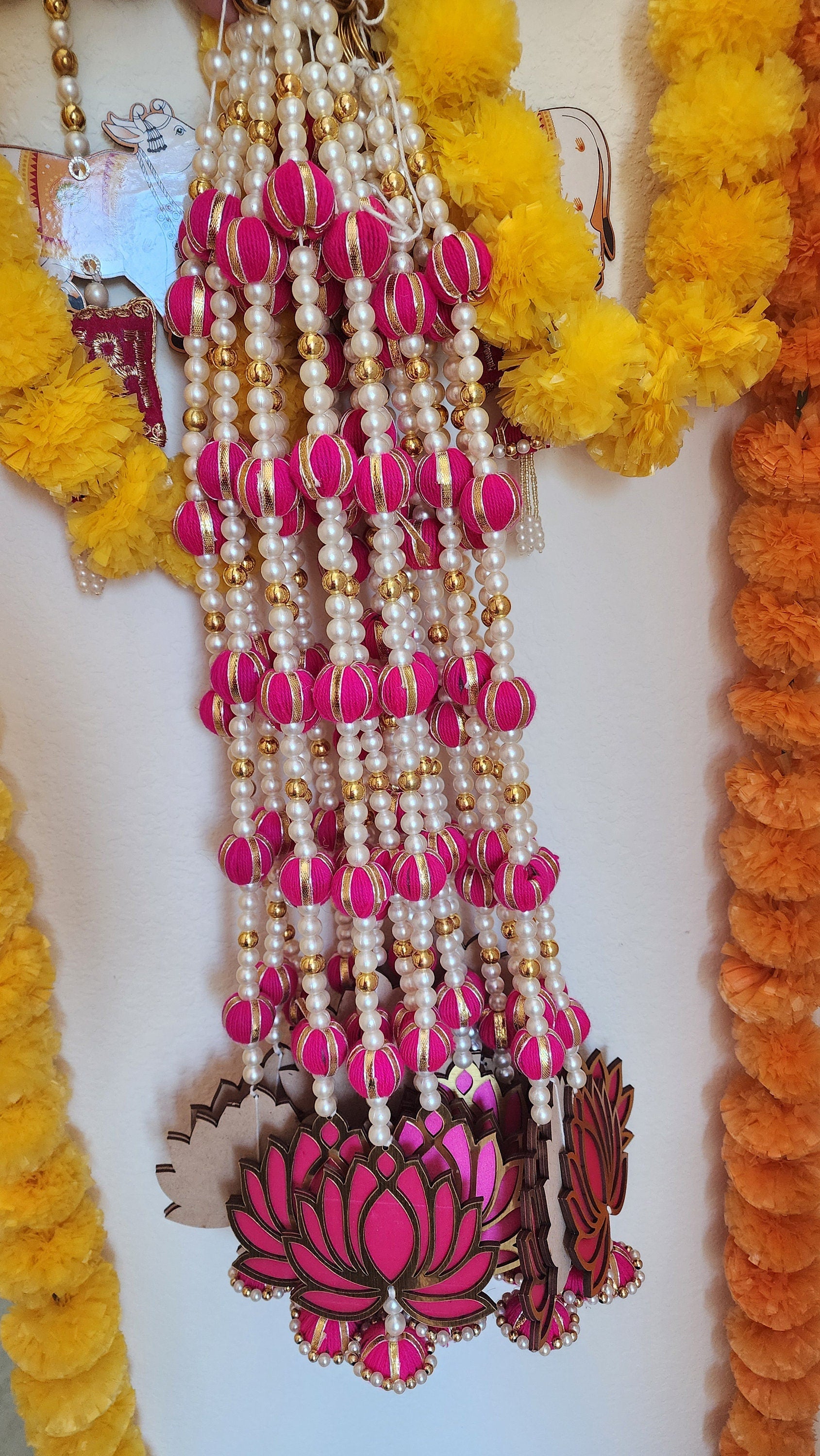 Pink Lotus Garland with Pearls Handmade Indian Wedding Hanging Mala - 24/30 inch