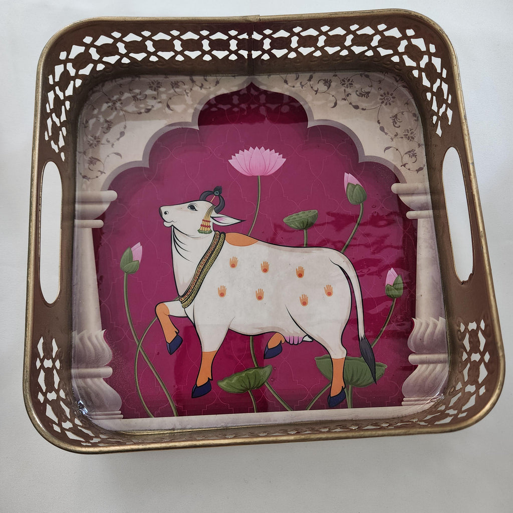 Pichwai Handmade Art Metal SquareTray Nandi Cow Design, Gift Favor.