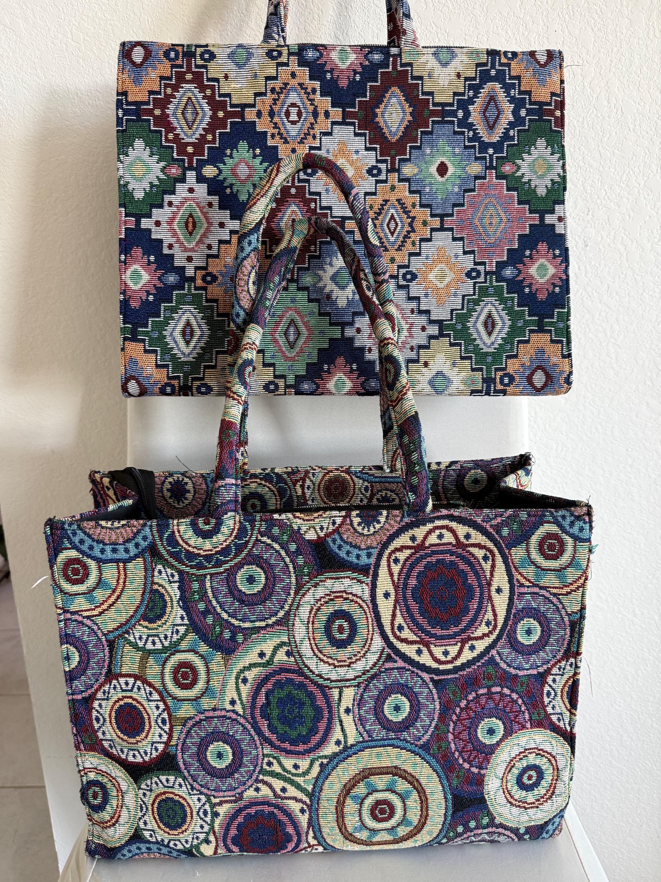 Indian Vintage Tapestry Tote Bag, Geometric Floral Pattern, Double Handle, Boho Style Shopping Handbag.