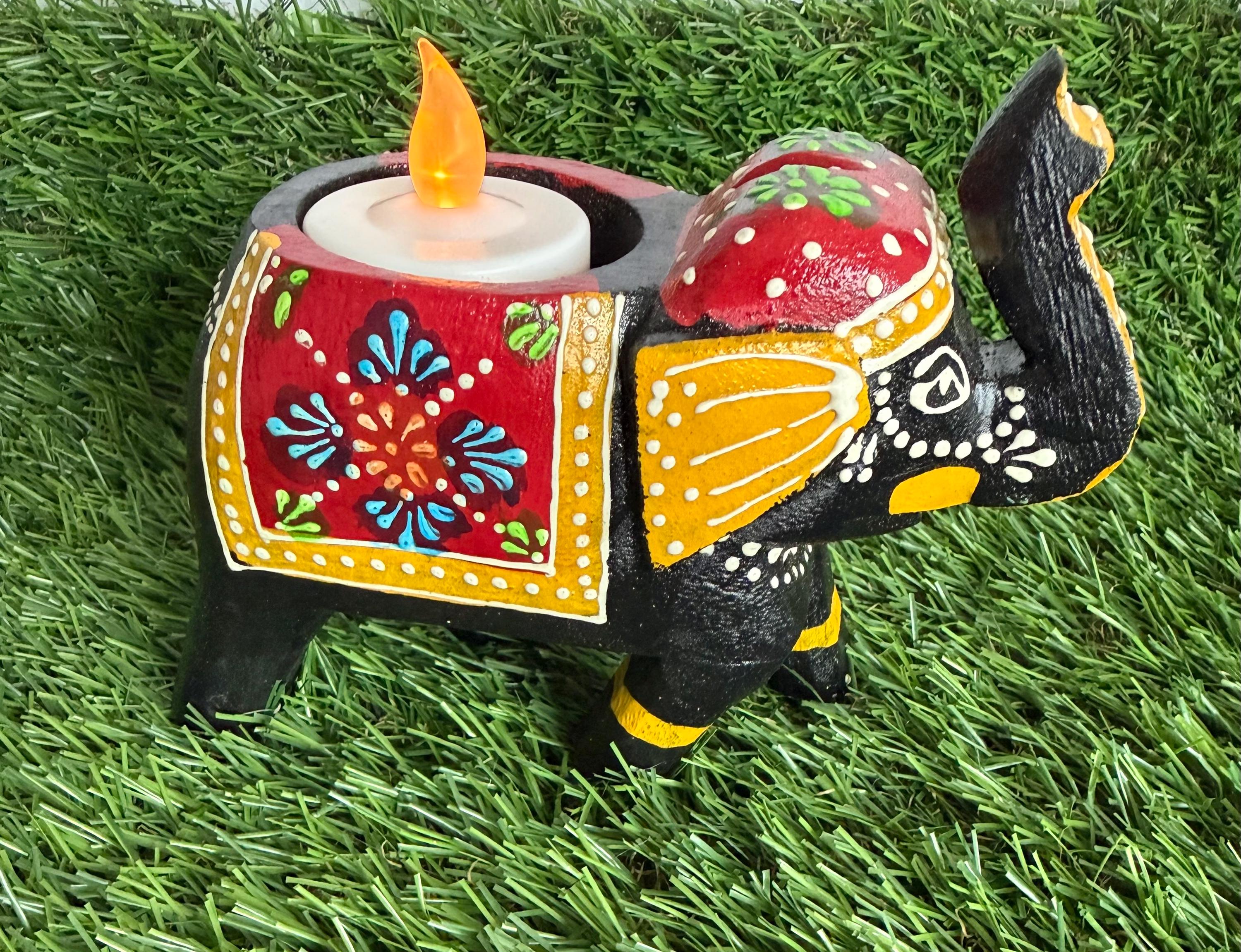 Handmade Wooden Elephant Tea Light Holder, Home Decor Lamp, Candle Light Lamp for Diwali .