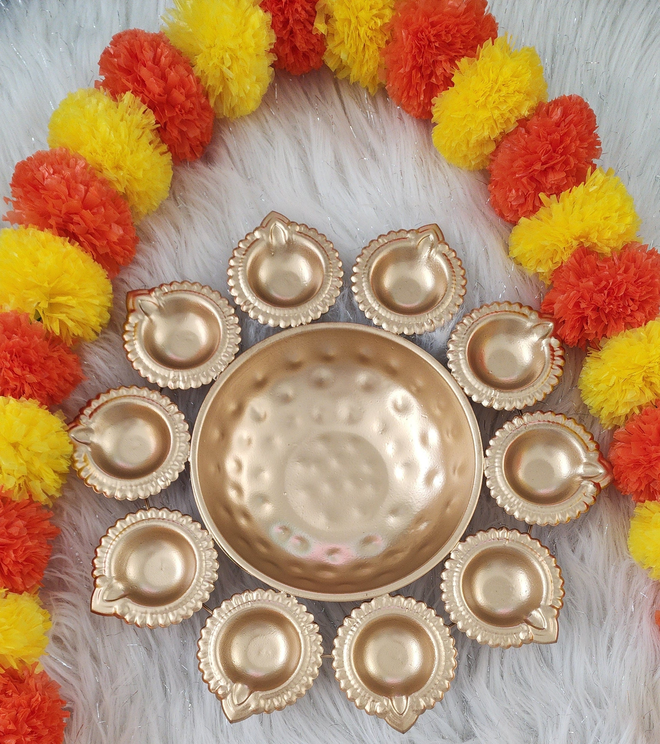 Diya Urli Bowl: Gold Metal Floating Flower & Tea Light Candle Holder (10 Inch)