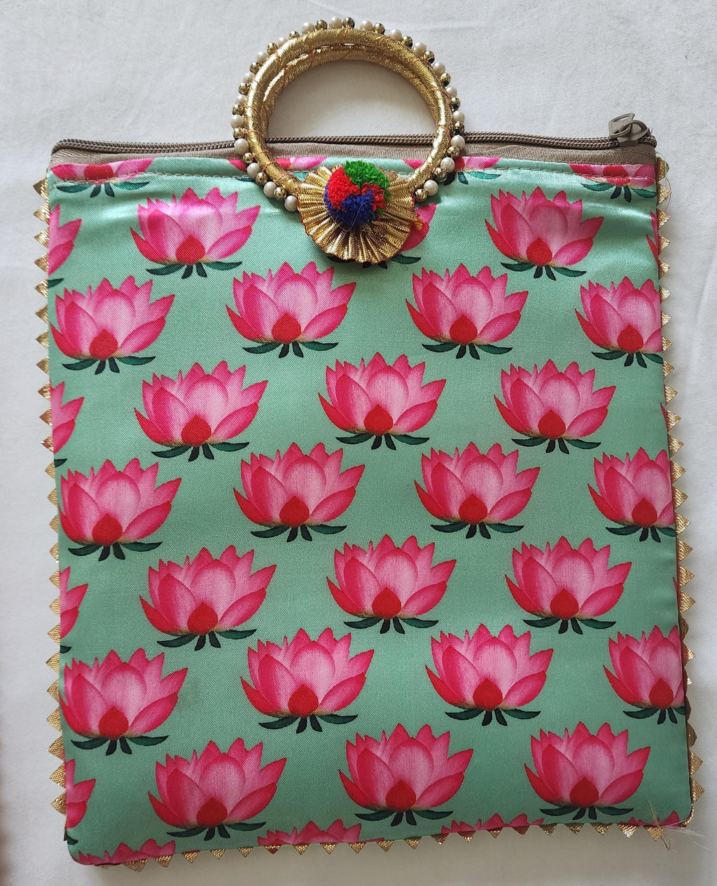 Pichwai Lotus Flower Silk Potli Bag: Multicolor Indian Gift