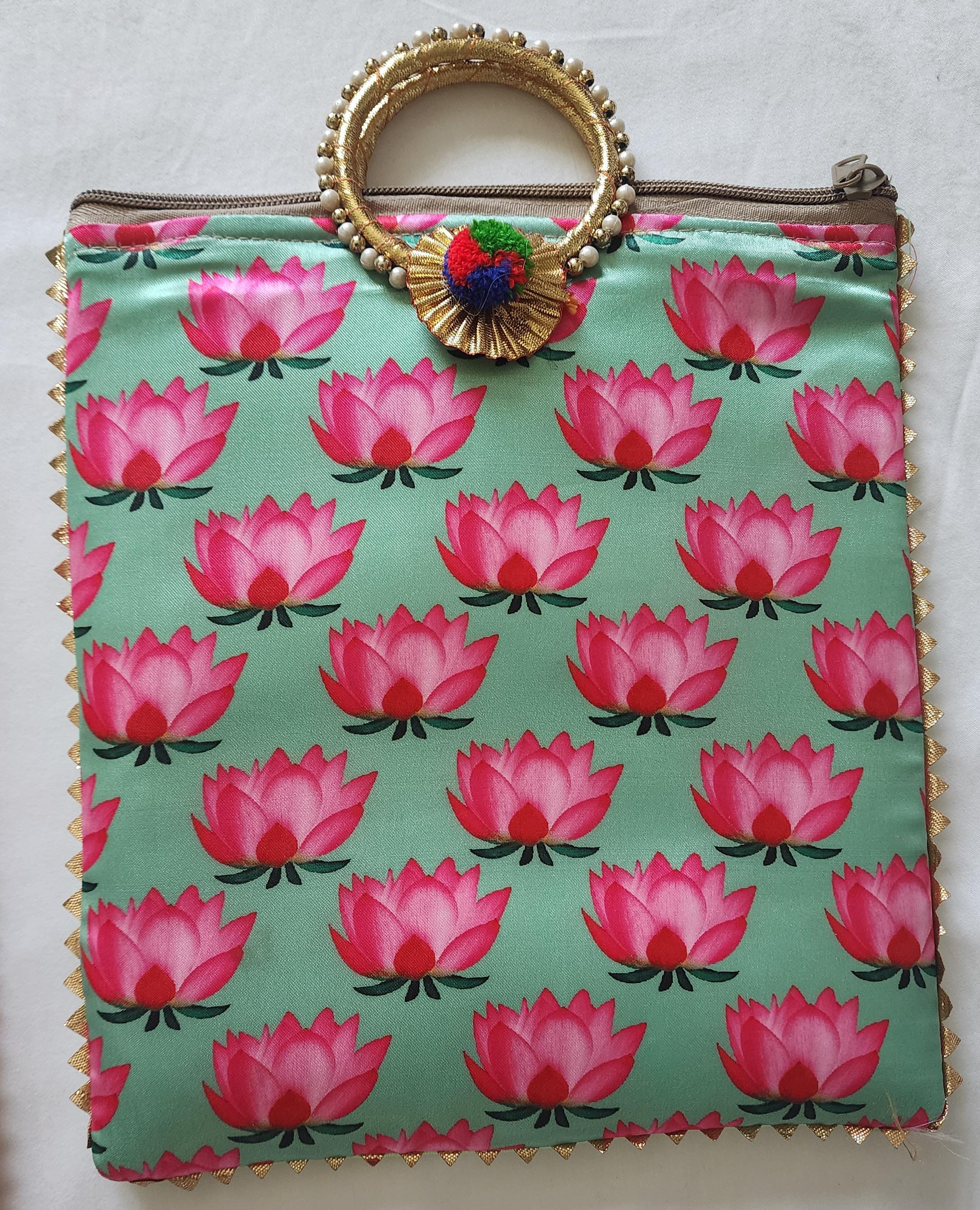 Pichwai Lotus Flower Silk Potli Bag: Multicolor Indian Gift