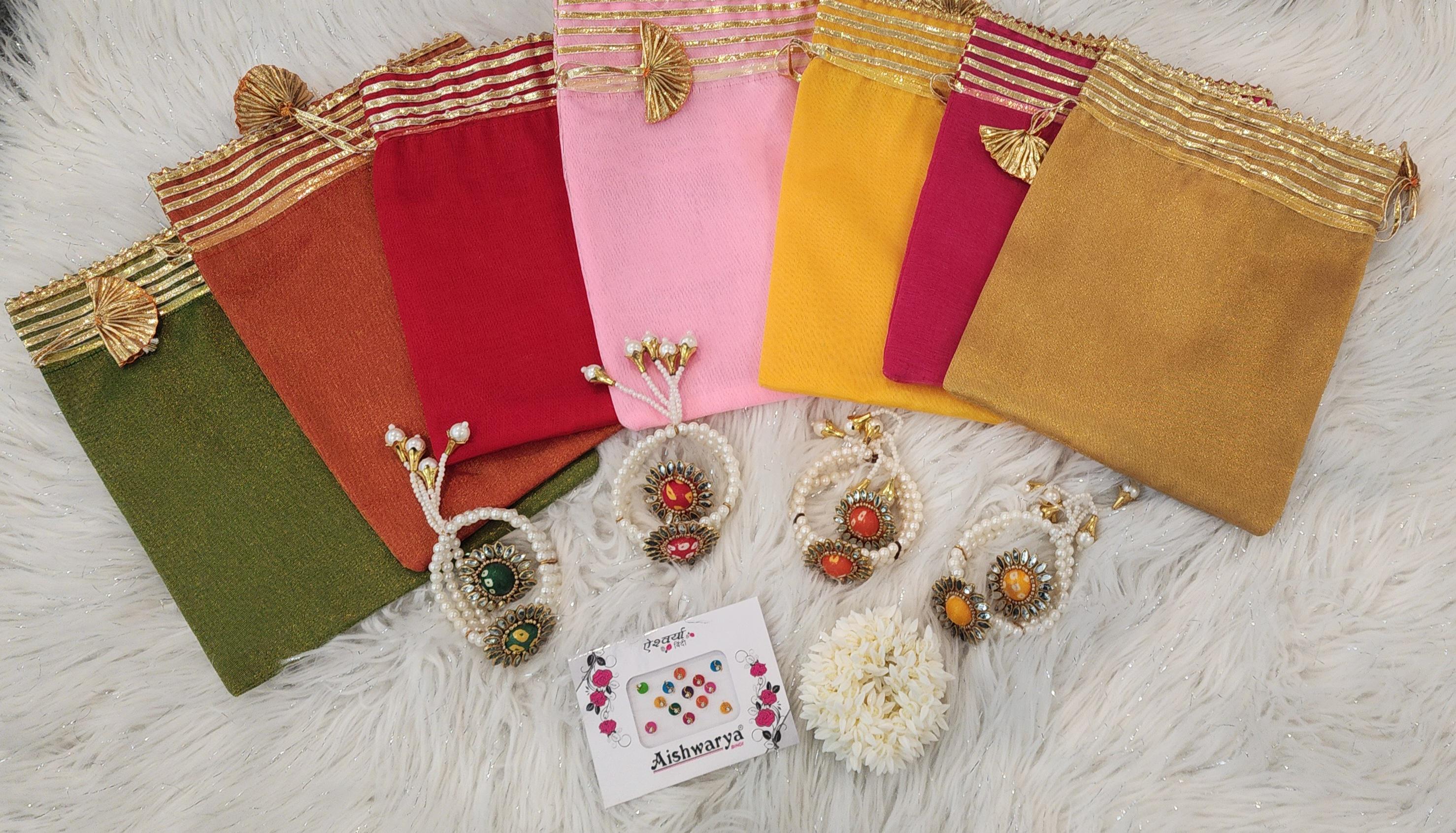 Bandhej Print Combo Set: Organza Potli Bag, Bracelet, Ring & Bindi