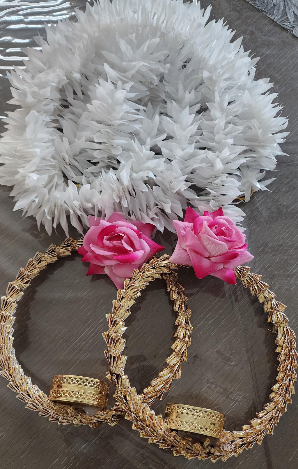 Handmade Pink Rose Garland with Golden Ring: Indian Wedding Diwali Decor.