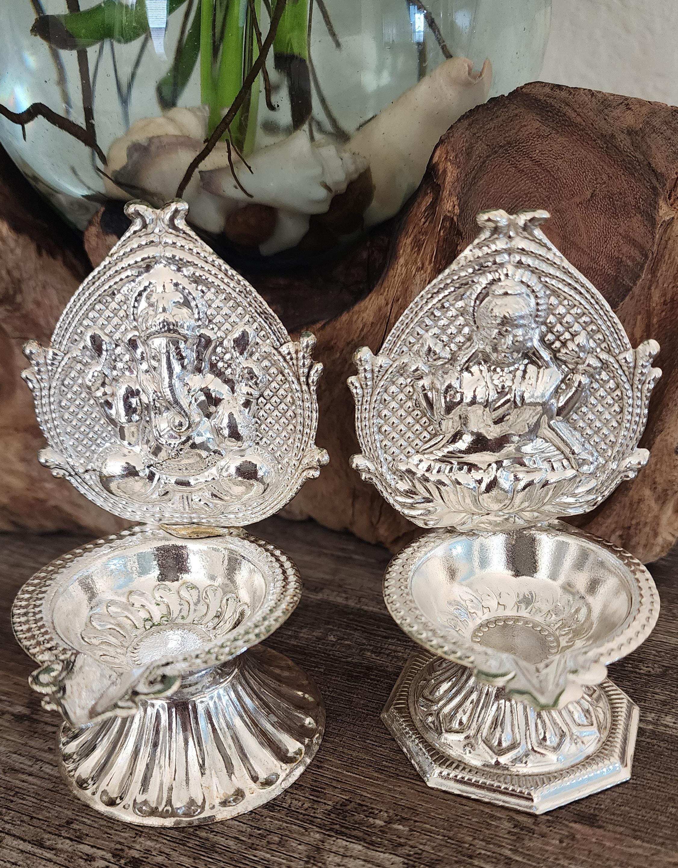 Handmade German Silver Ganesha Lakshmi Diya Set - 4" Diwali Deepam Lamp.