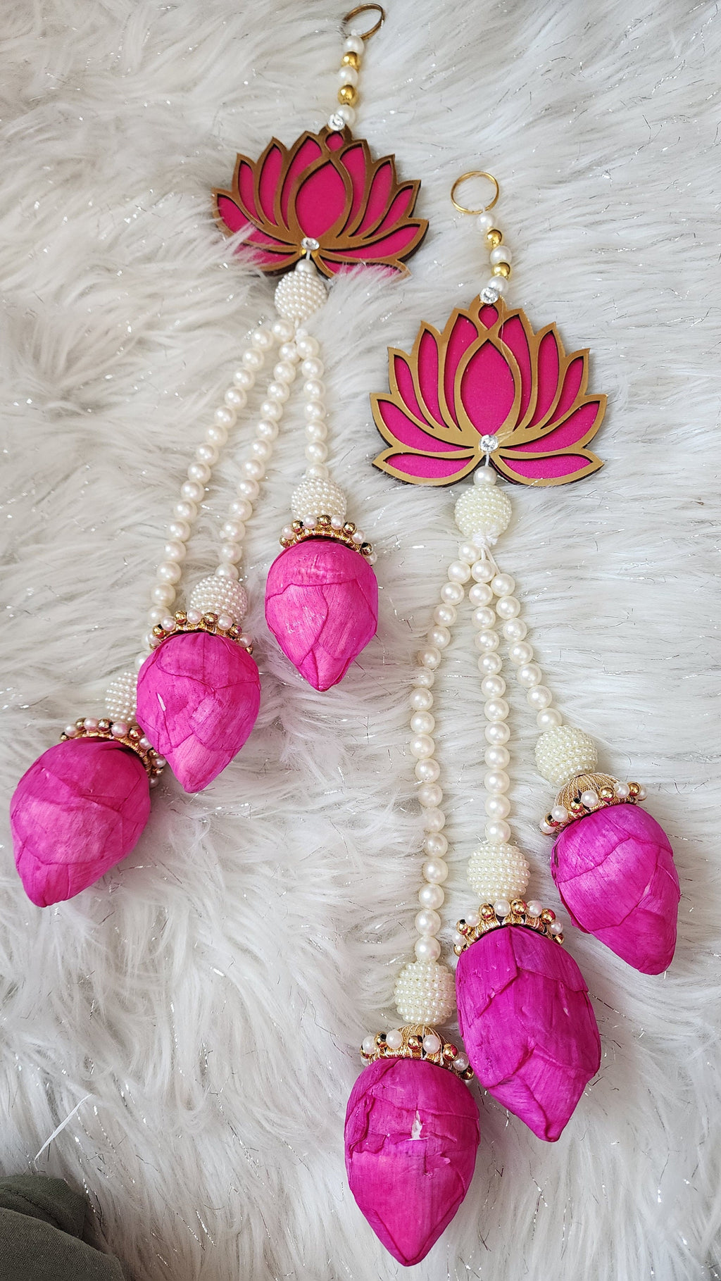 Pink Lotus Garland with Pearls: Indian Wedding Hanging Decor (Set of 2)