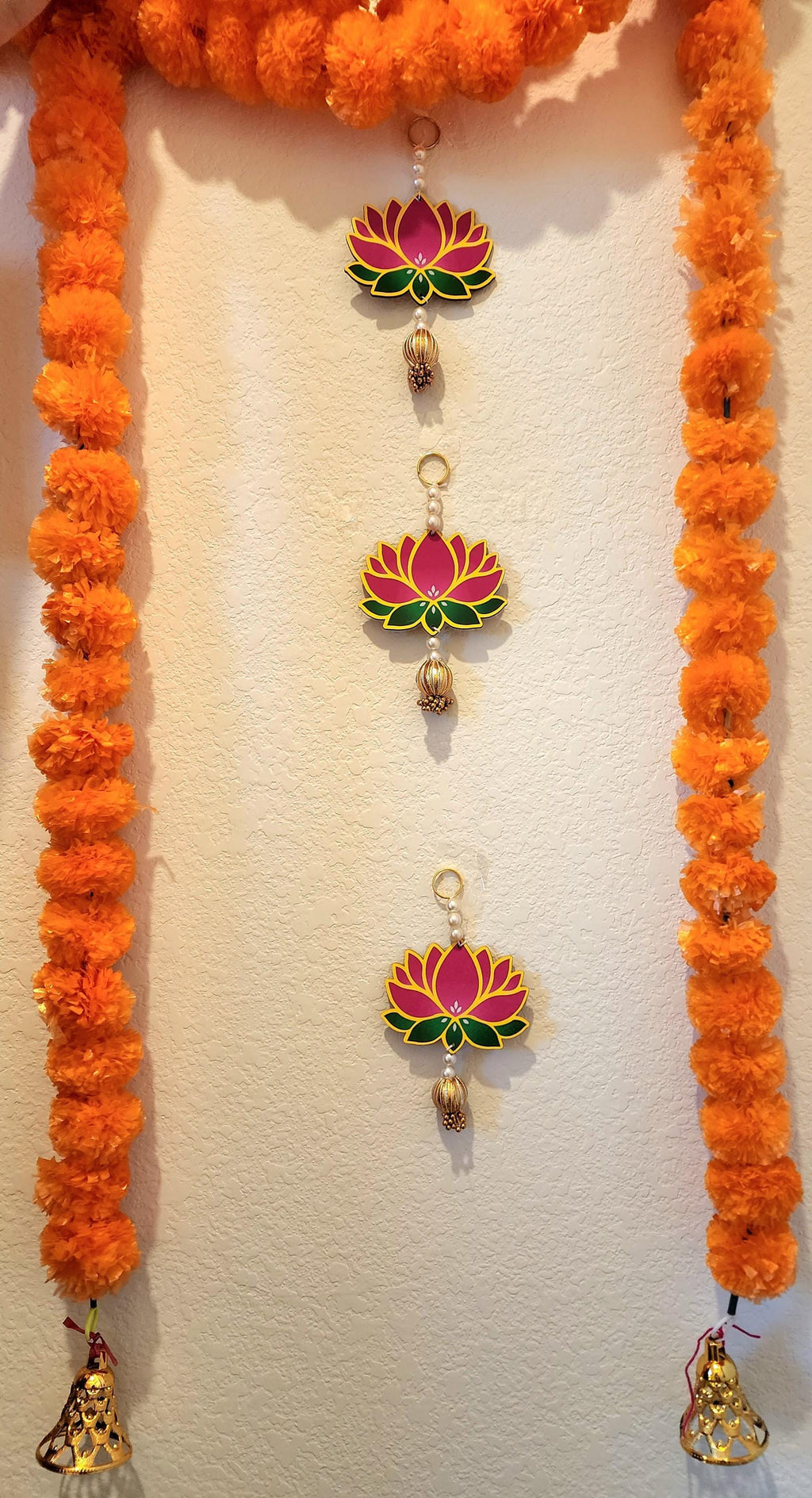 Lotus Hanging Pair: Pink Handmade Mandir Diwali Decoration - 5 inch.