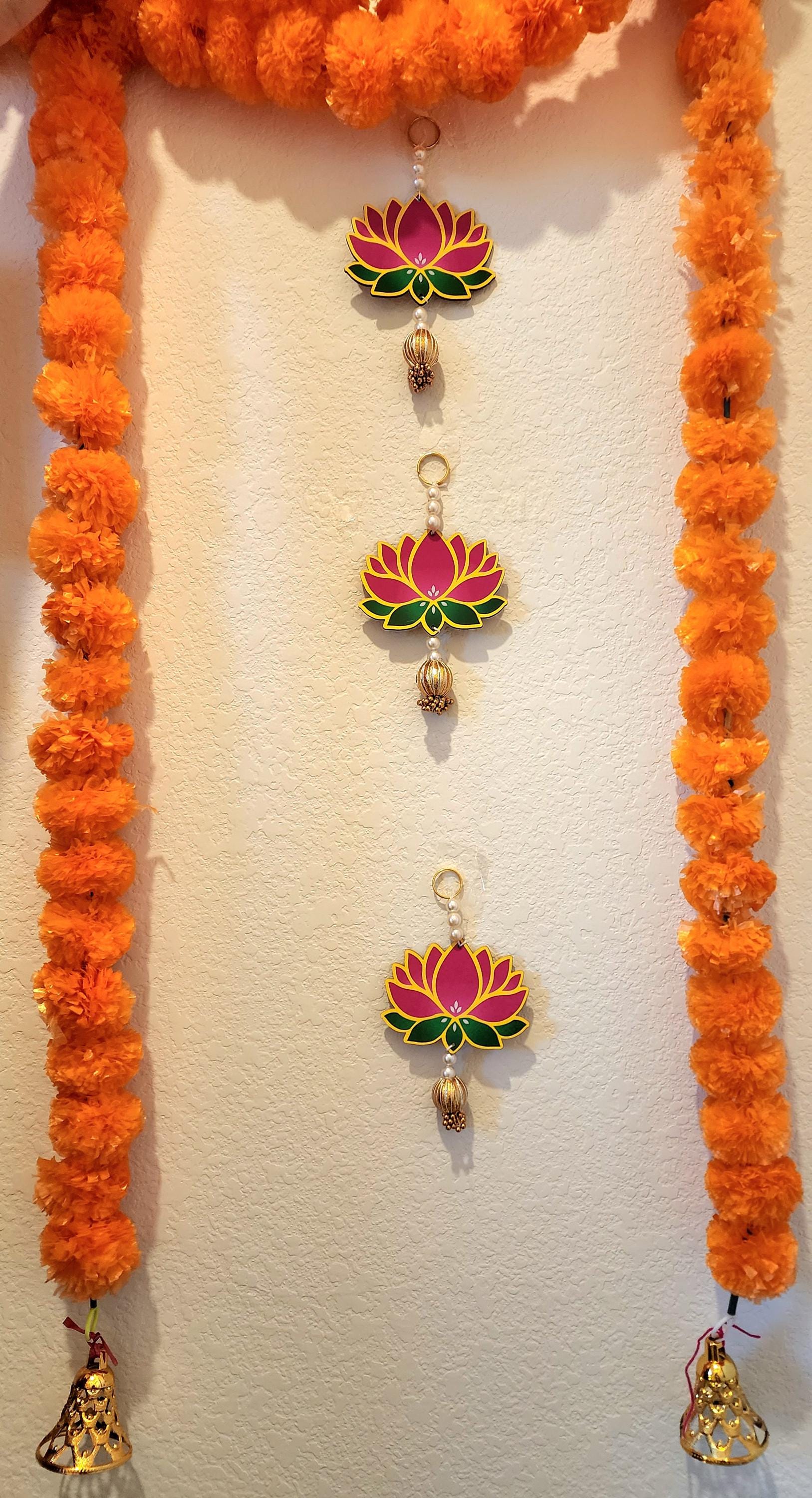 Lotus Hanging Pair: Pink Handmade Mandir Diwali Decoration - 5 inch.