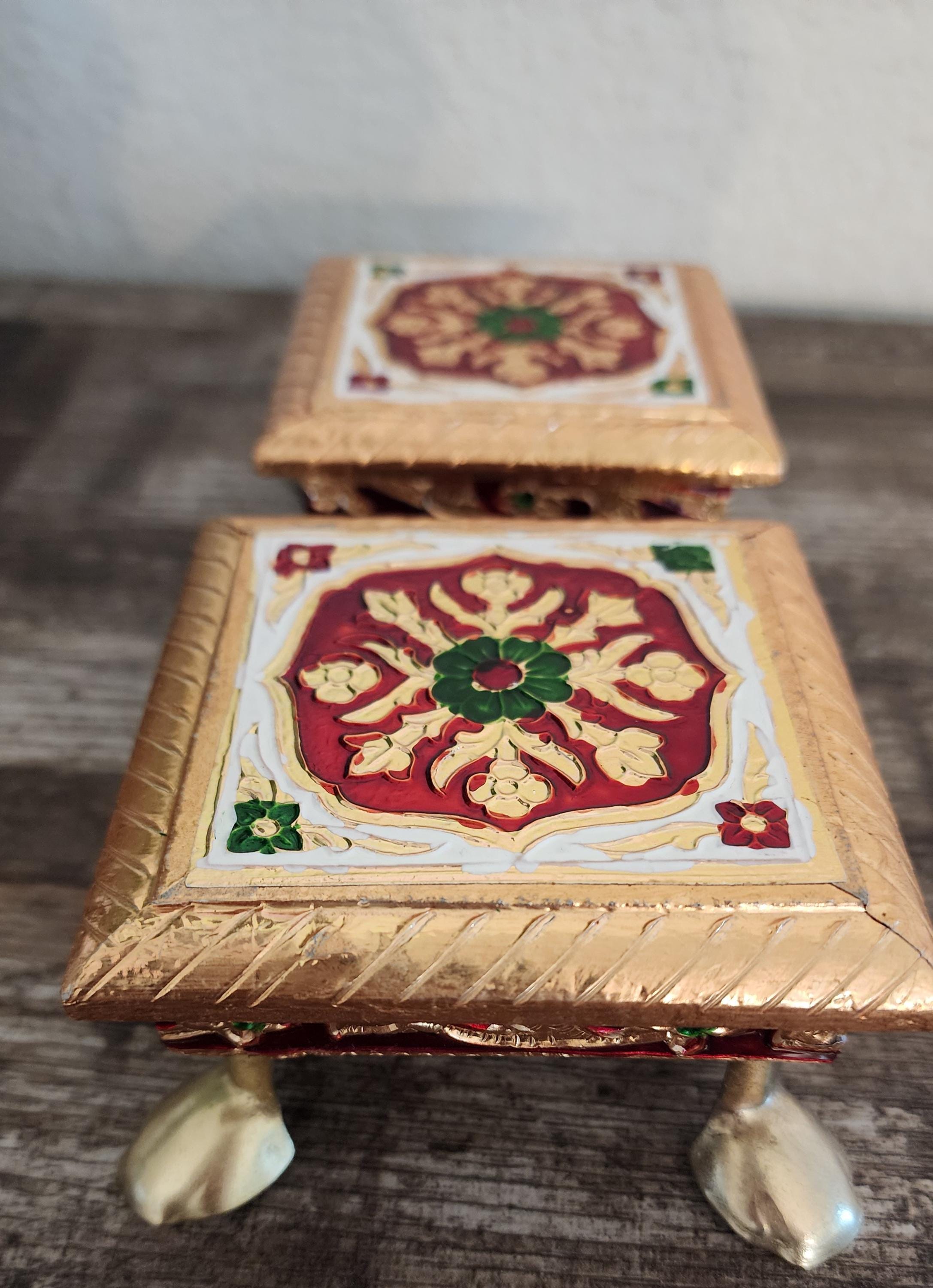 Meenakari Handmade Wooden Chowki: Pooja Stool Table for God Idols.