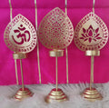 Handmade Metallic Urli Diya with Stand: Lotus/Om Diwali Decor - 10 inch