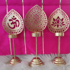 Handmade Metallic Urli Diya with Stand: Lotus/Om Diwali Decor - 10 inch