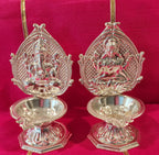 Handmade German Silver Ganesha Lakshmi Diya Set - 4" Diwali Deepam Lamp.