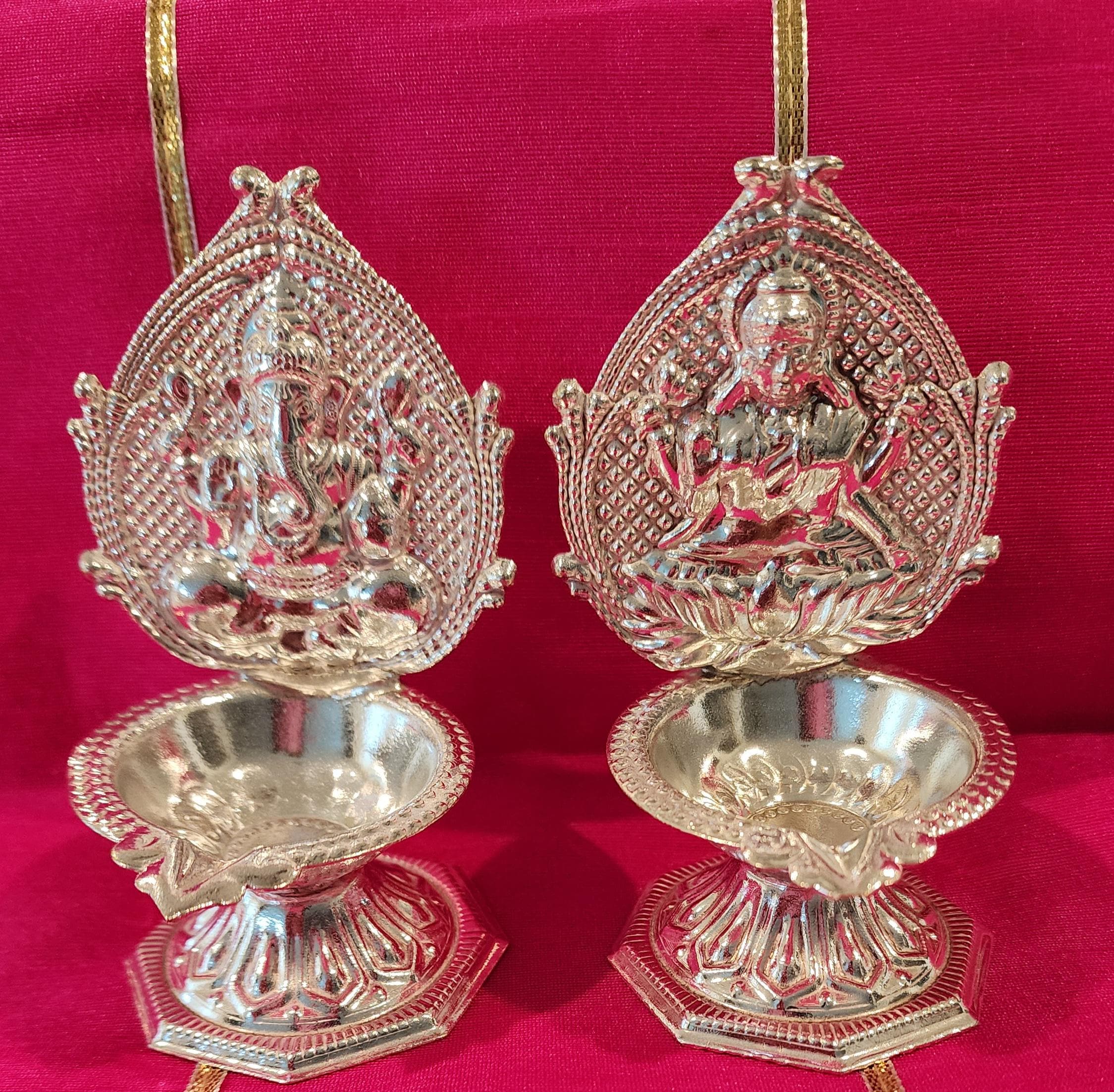 Handmade German Silver Ganesha Lakshmi Diya Set - 4" Diwali Deepam Lamp.