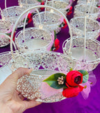 Handmade Flower Decor German Silver Tray with Handle - 8 Inch Pooja Thali