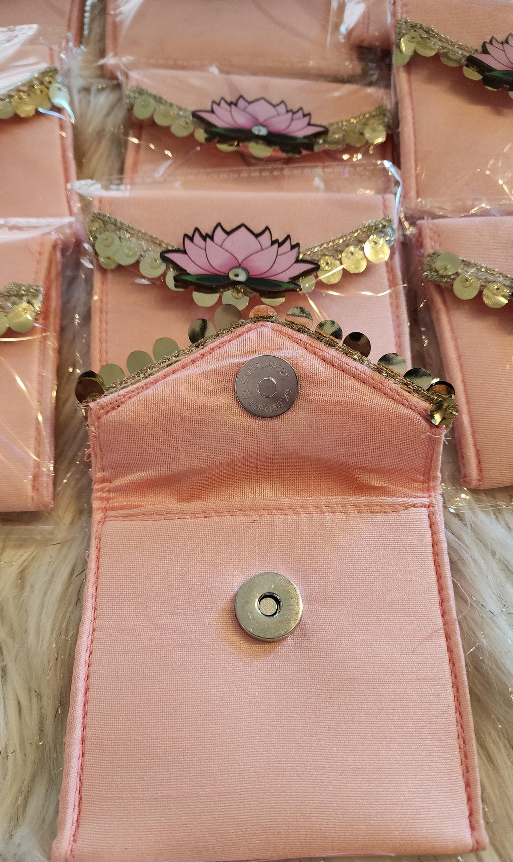 Set of 5 Handcrafted Lotus Pouches: Colorful Diwali Wedding Favors.