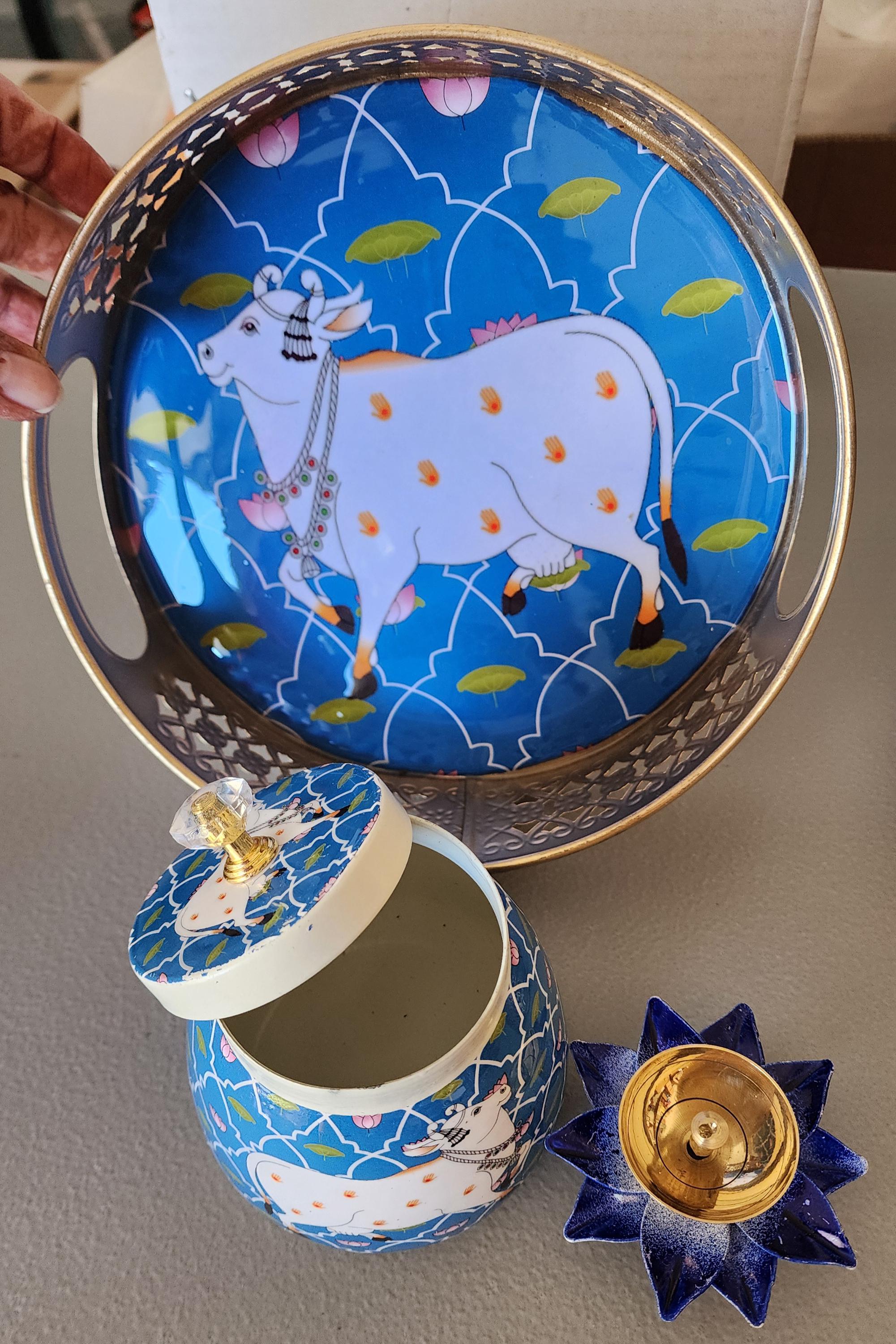 Pichwai Art Metal Tray Set: Nandi Cow Design, Jar & Diya