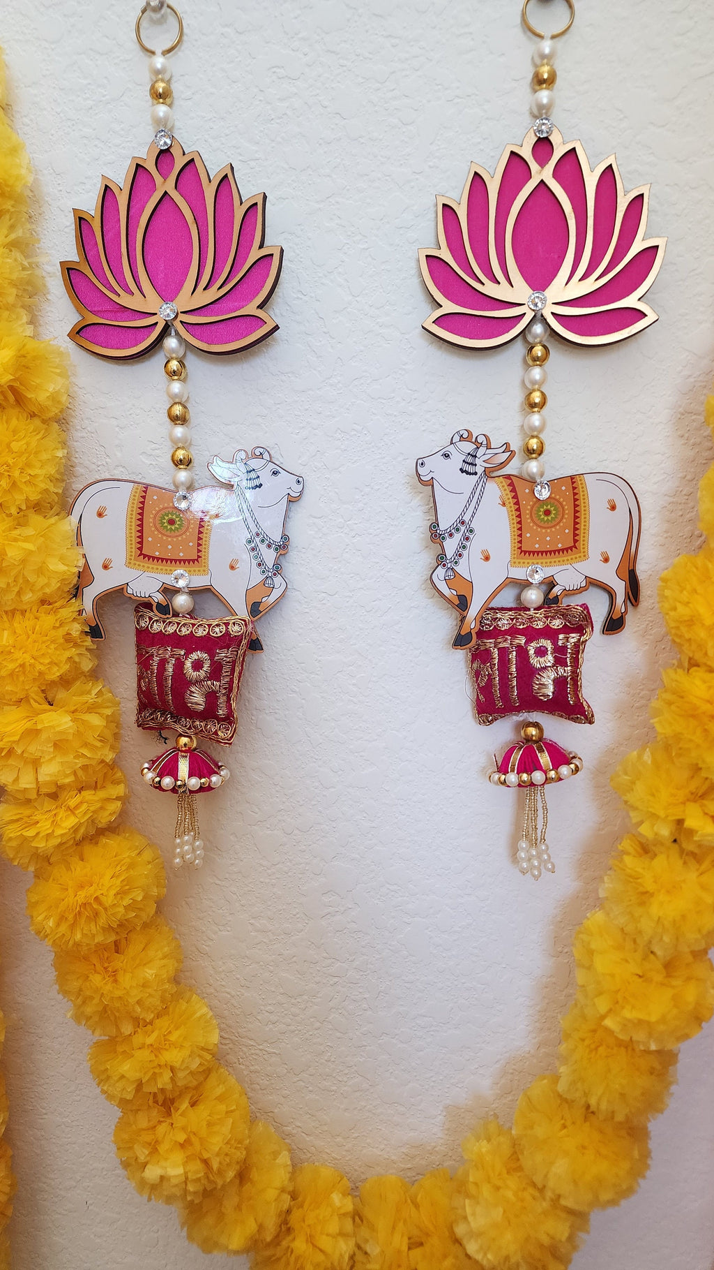 Lotus & Pichwai Cow Shubh-Labh Hanging Pair: Indian Decor
