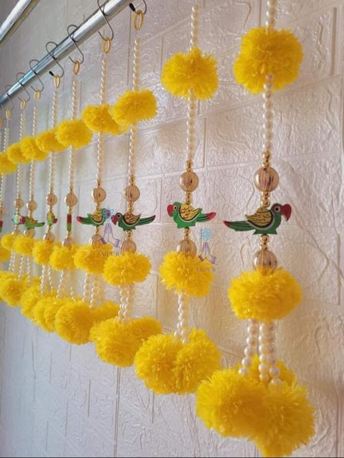 Yellow Marigold & Parrot String Wall Hanging: Indian Diwali Decor