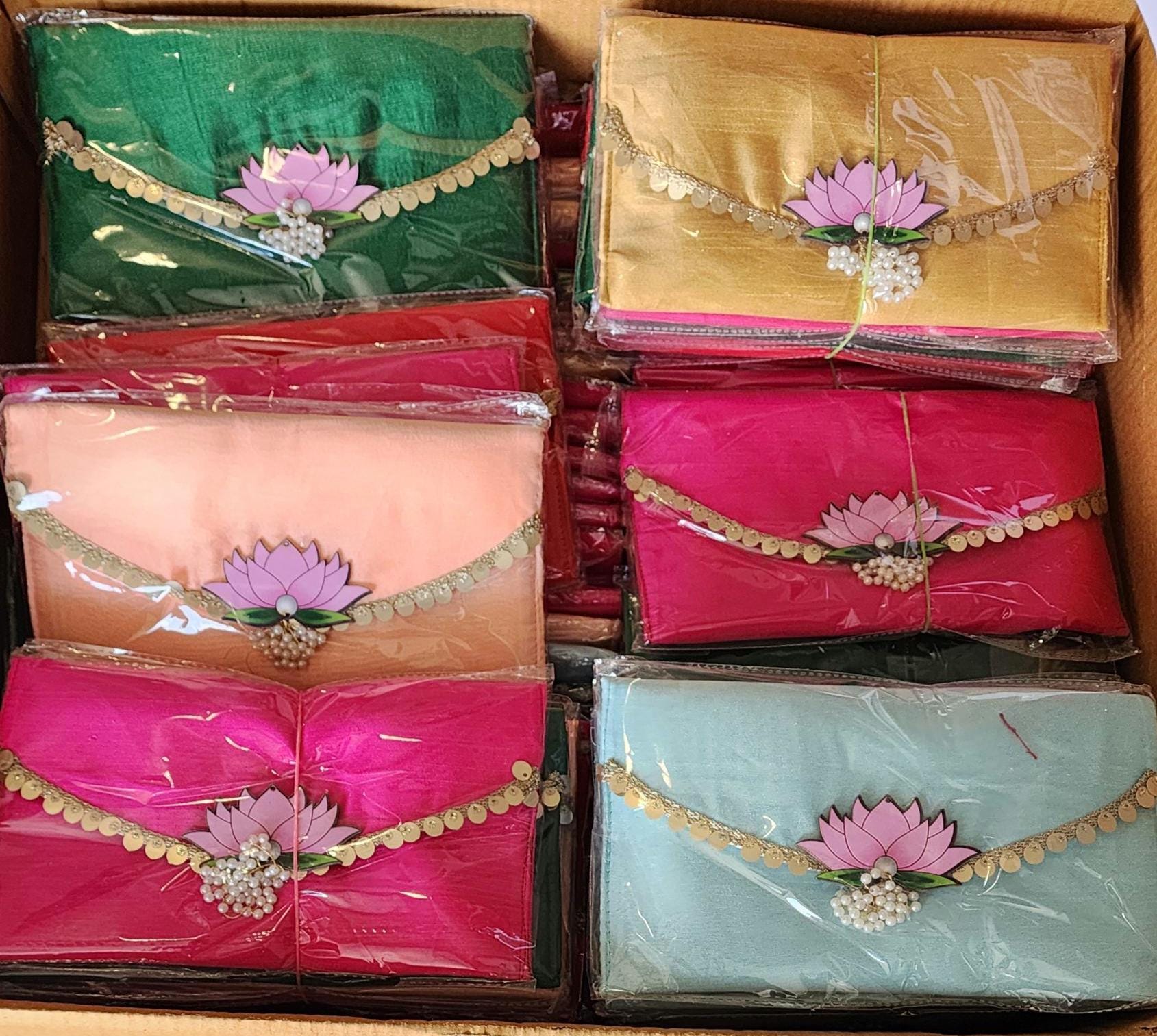 Handcrafted Clutch Purse: Indian Wedding Favor Bag with Lotus & Pearl