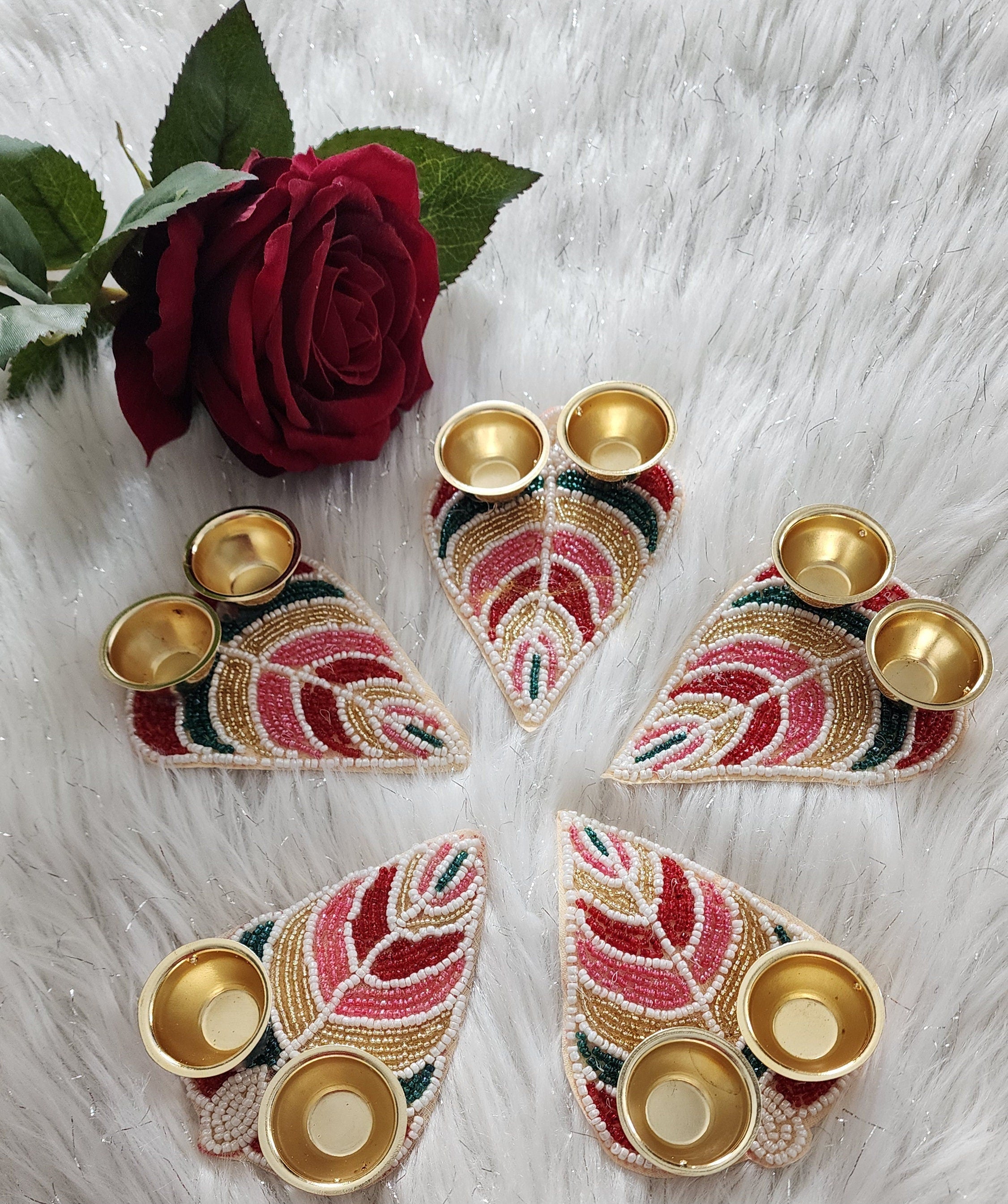 Handcrafted Beaded Leaf Haldi Kumkum Plate: Diwali Pooja Gift