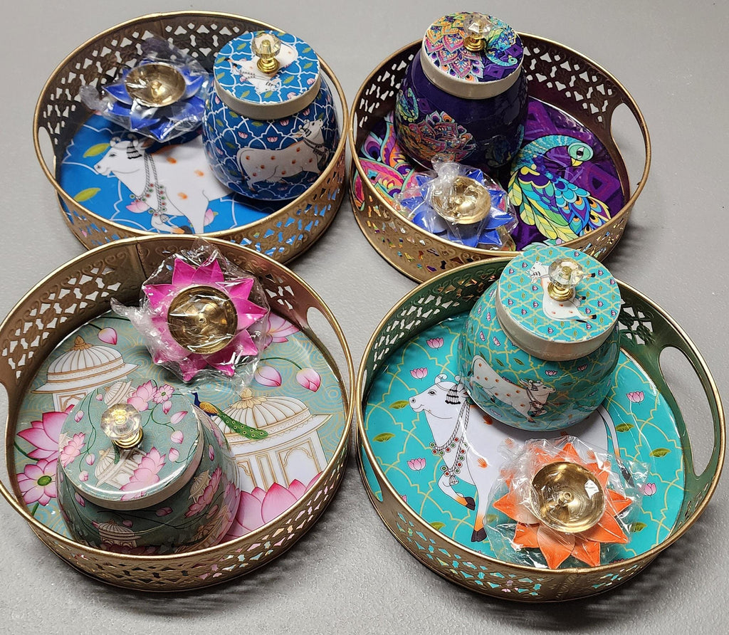Pichwai Art Metal Tray Set: Nandi Cow Design, Jar & Diya