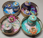 Pichwai Art Metal Tray Set: Nandi Cow Design, Jar & Diya