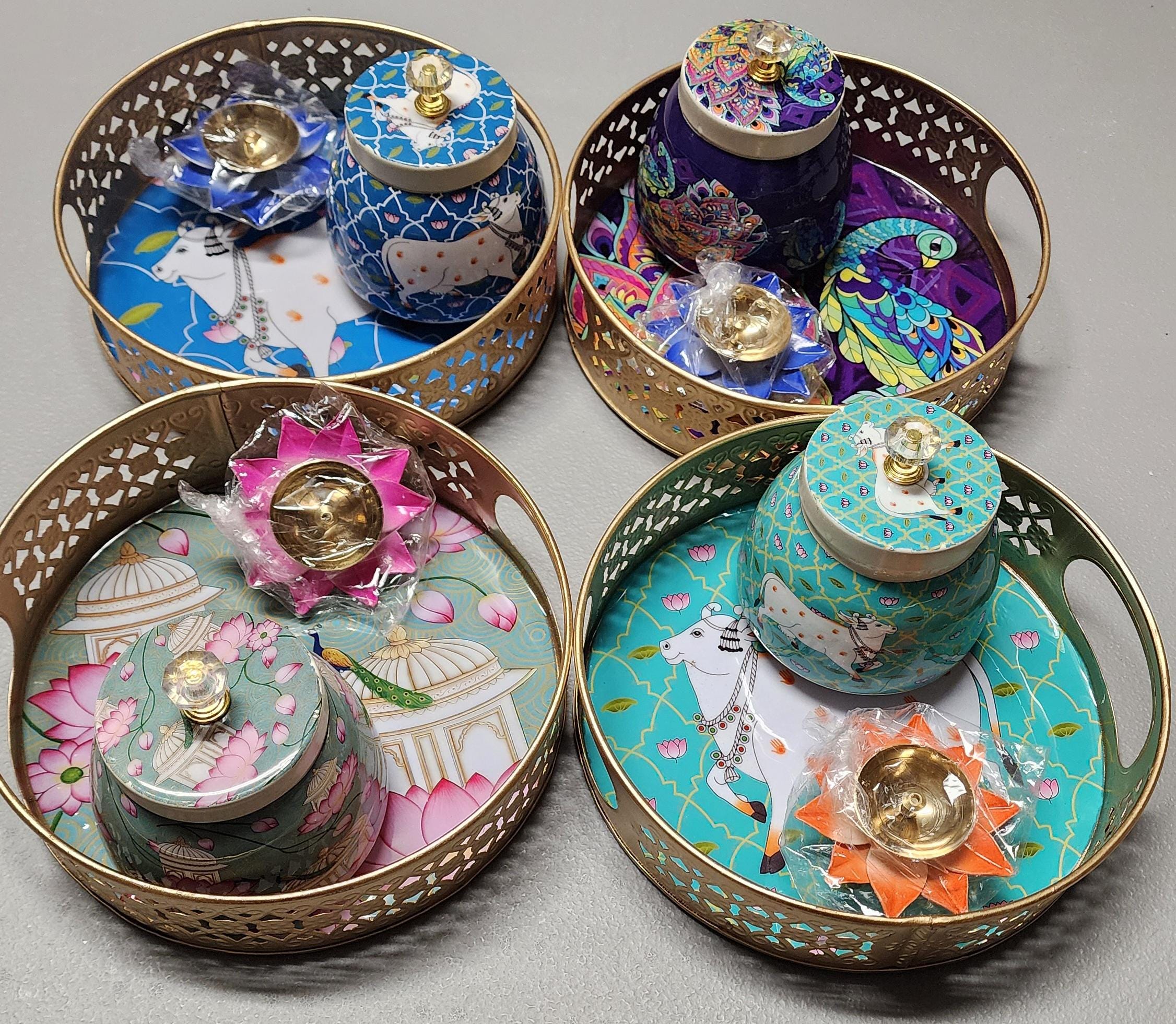 Pichwai Art Metal Tray Set: Nandi Cow Design, Jar & Diya