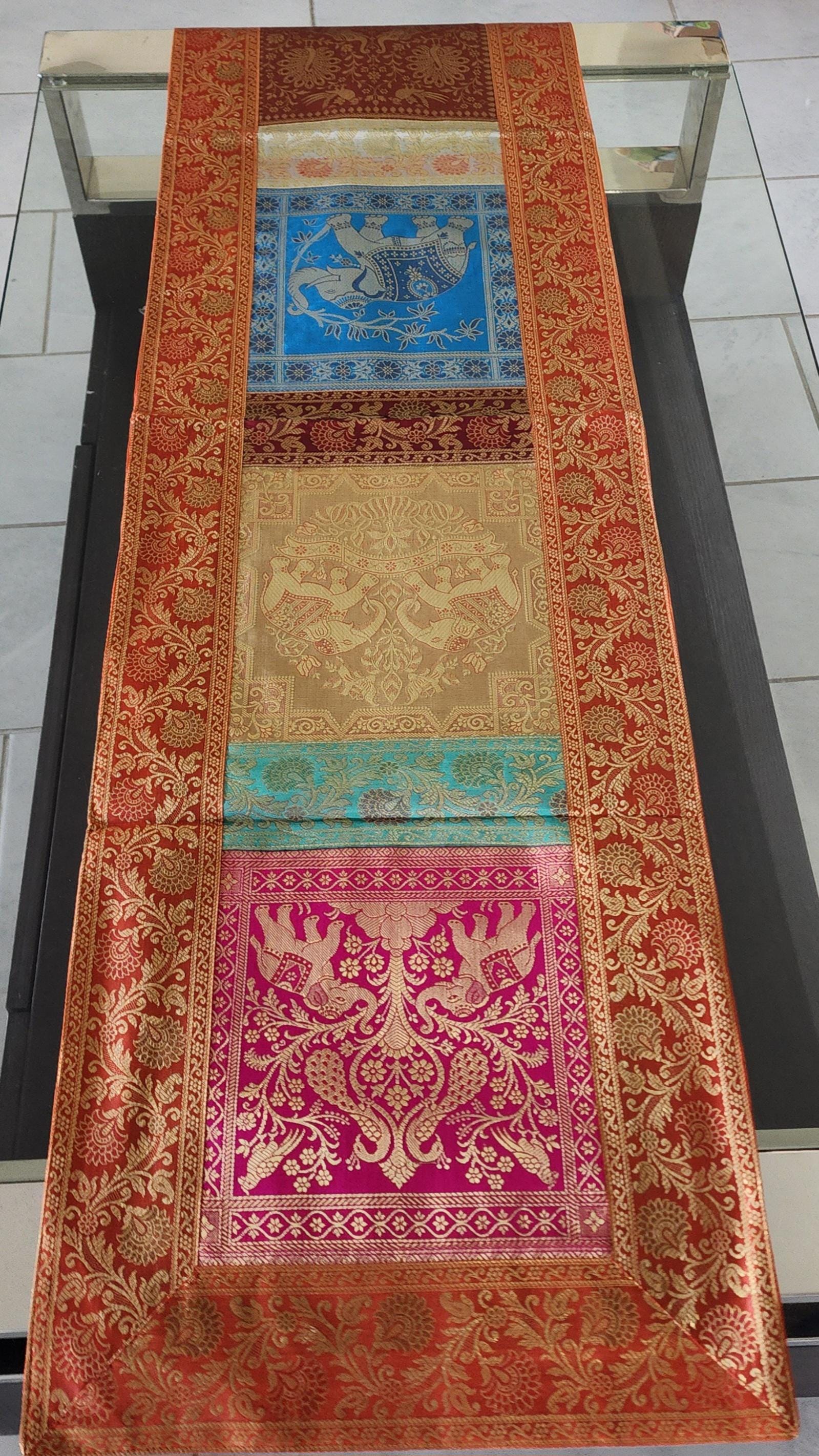 Elephant Print Silk Brocade Table Runner: Indian Decor (16X60 Inch)