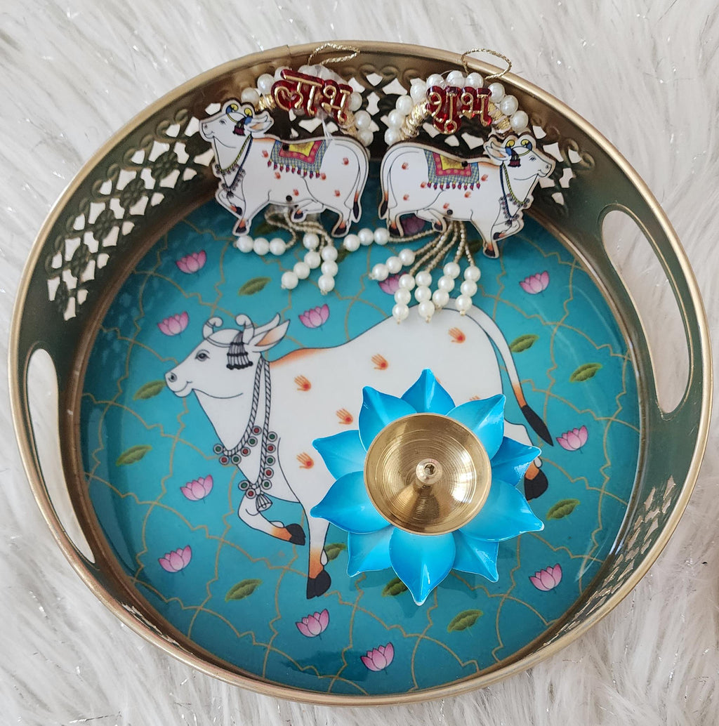 Pichwai Art Metal Tray Set: Nandi Cow Design, Diwali Decor.