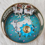 Pichwai Art Metal Tray Set: Nandi Cow Design, Diwali Decor.