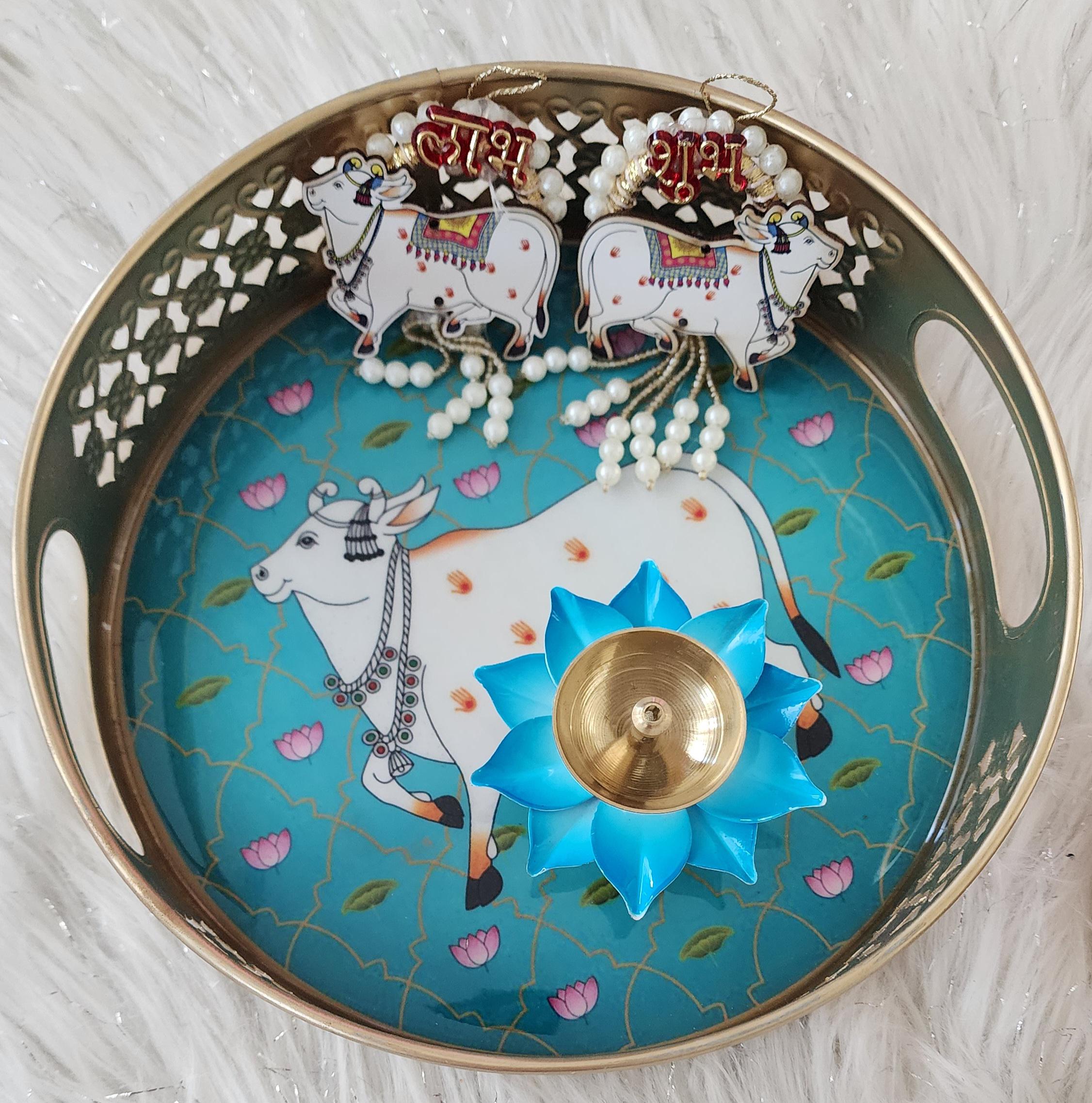 Pichwai Art Metal Tray Set: Nandi Cow Design, Diwali Decor.