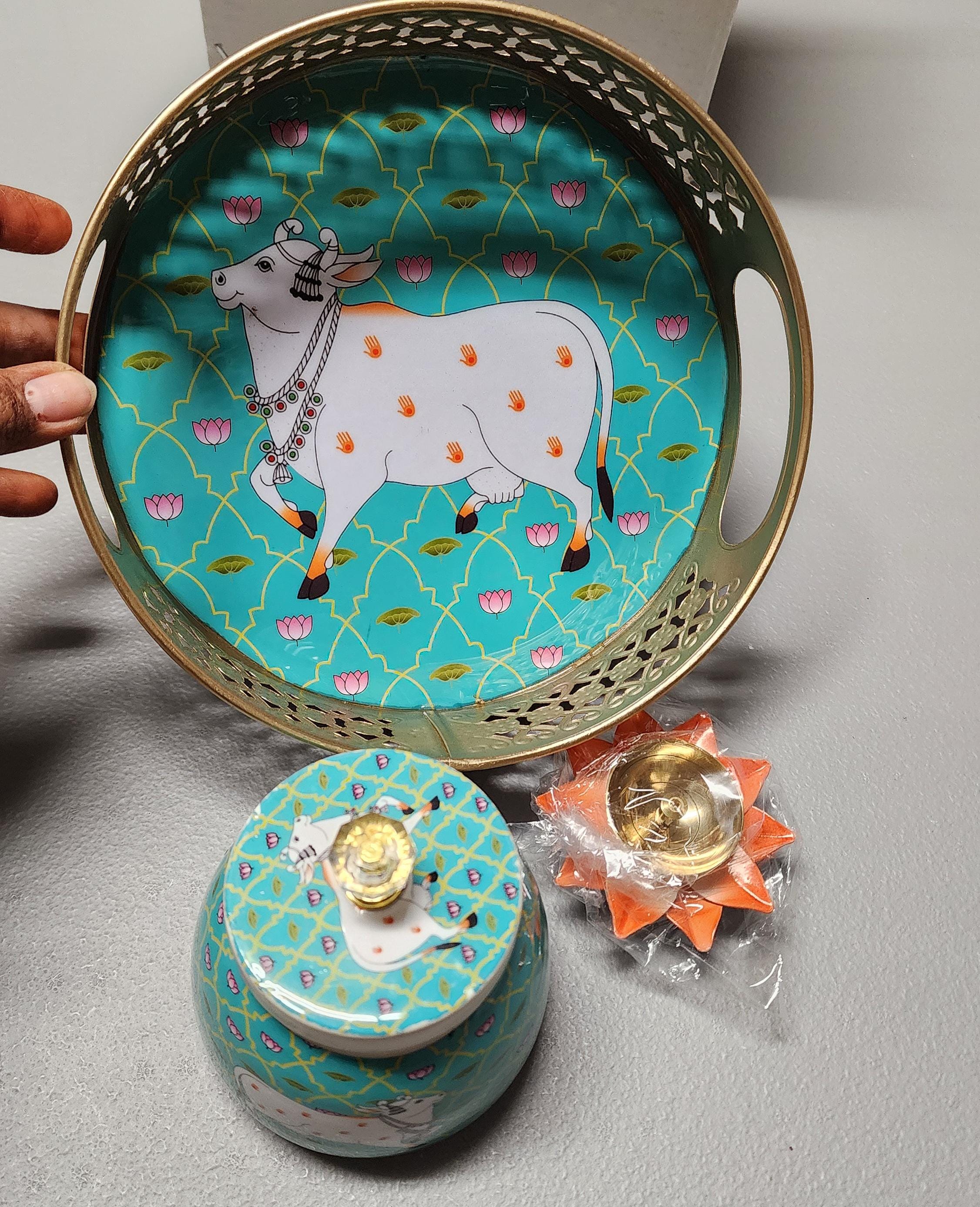 Pichwai Art Metal Tray Set: Nandi Cow Design, Jar & Diya