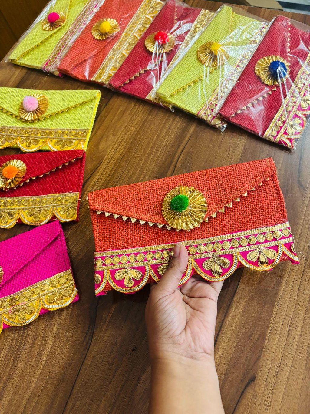Jute Pom Pom Envelope Clutch: Wedding Sangeet Favor.
