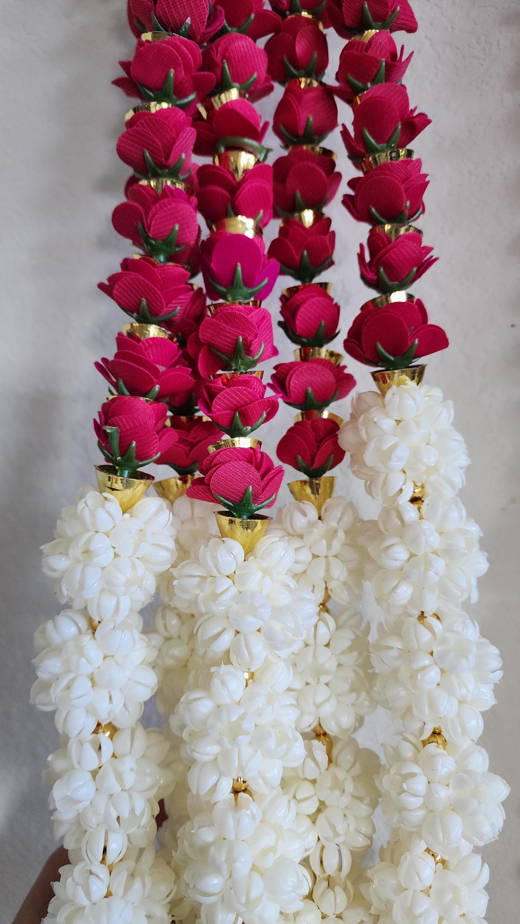 Mogra Bell Garland: White & Gold Fluffy String, Haldi Mehndi Decor (Pack of 5)